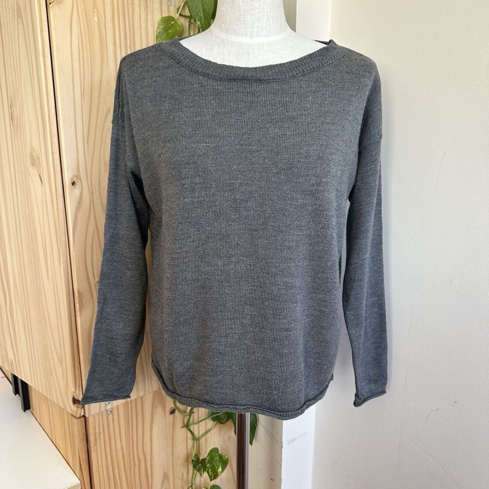 Eileen Fisher Merino Wool Sweater S Roll Hem Cuff Gray Dropped Shoulder Oversize